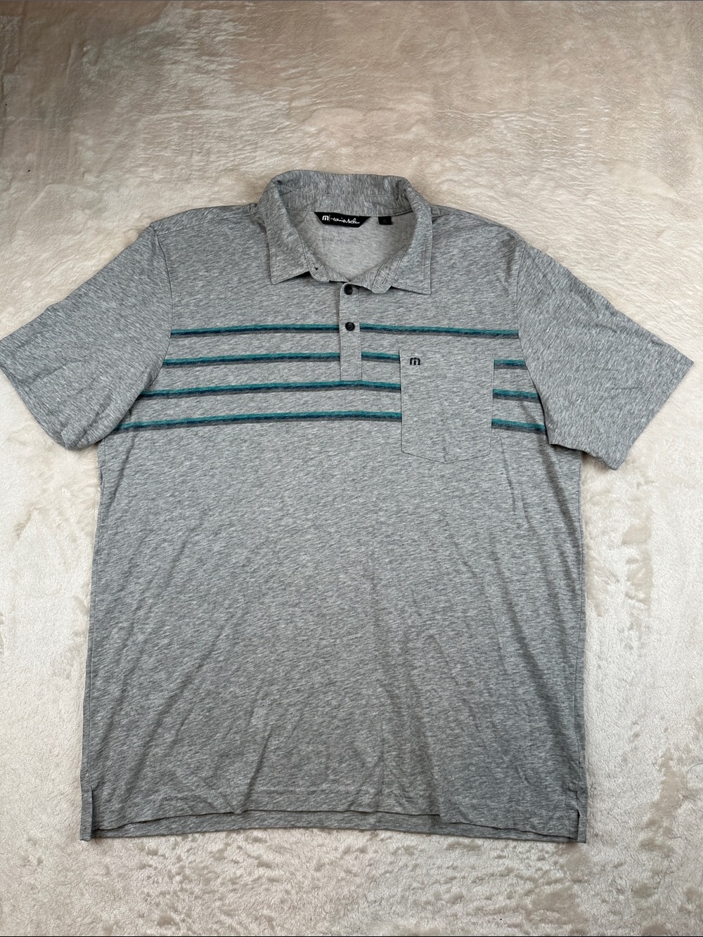 Travis Mathew Size XL Grey Polo with Teal-Accent Stripes | Golf | Preppy |Formal